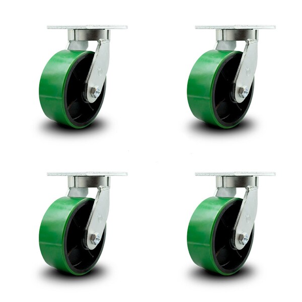 8 Inch Heavy Duty Green Poly on Cast Iron Swivel Caster Set with 2 Swivel Locks